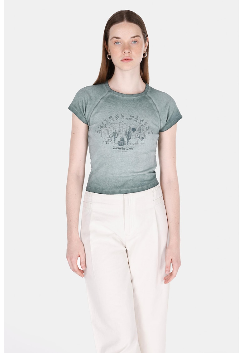 Tricou cu decolteu la baza gatului si imprimeu grafic - Verde pal