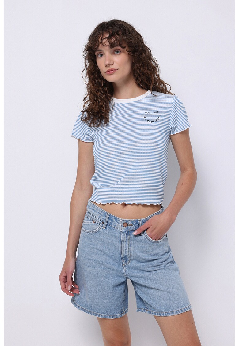 Tricou cu dungi si decolteu la baza gatului - Alb/Albastru