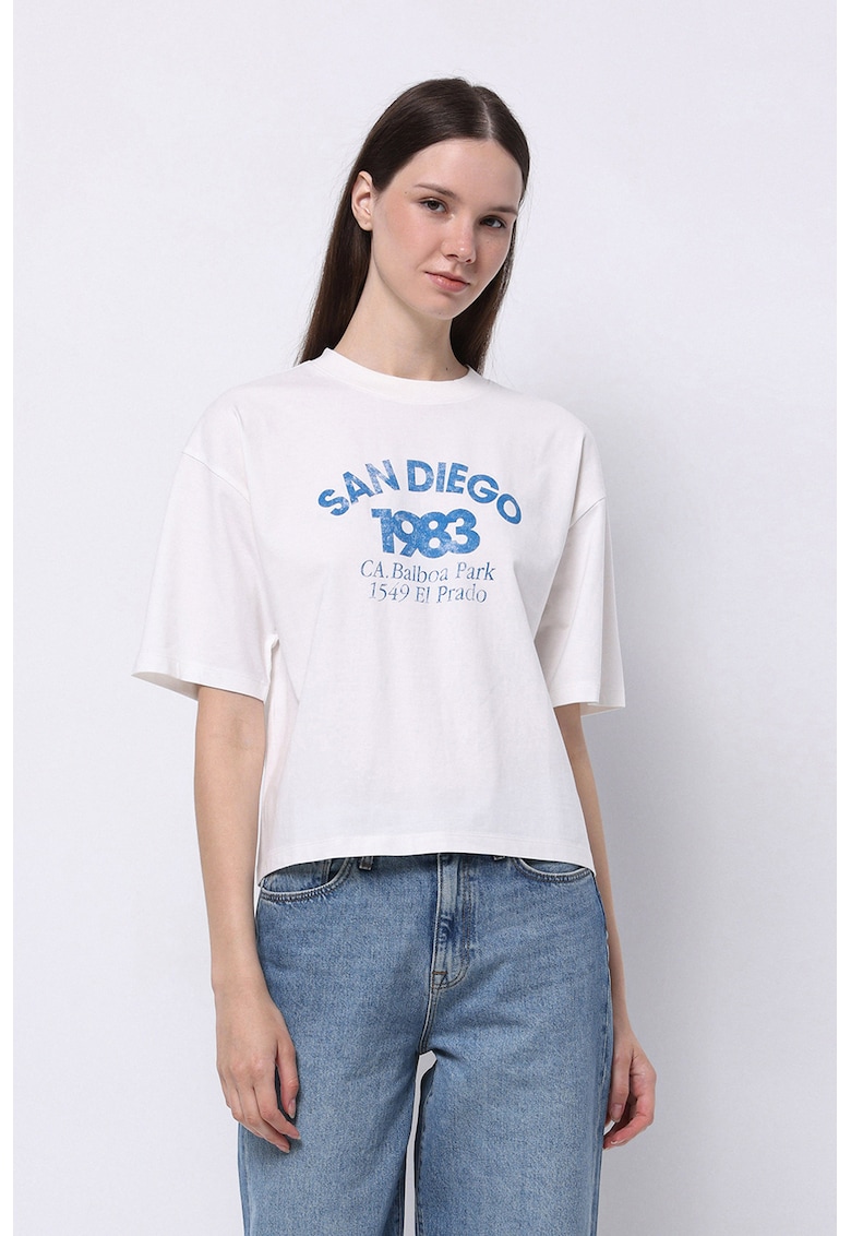 Tricou cu imprimeu text si maneci cazute