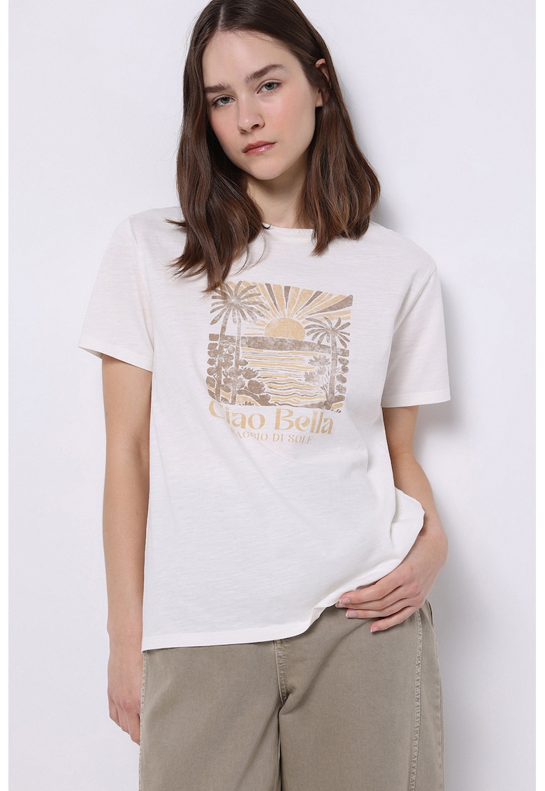 Tricou de bumbac cu imprimeu - Maro camel/Alb murdar