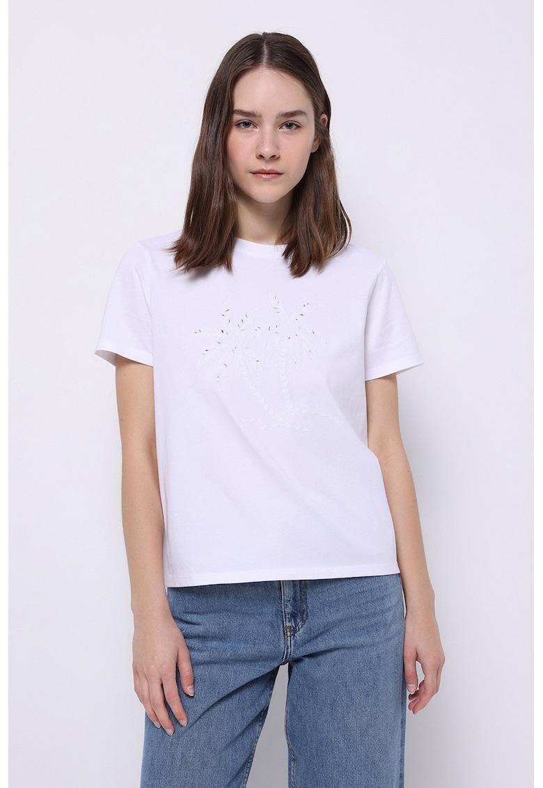 Tricou cu model si decolteu la baza gatului - Alb optic