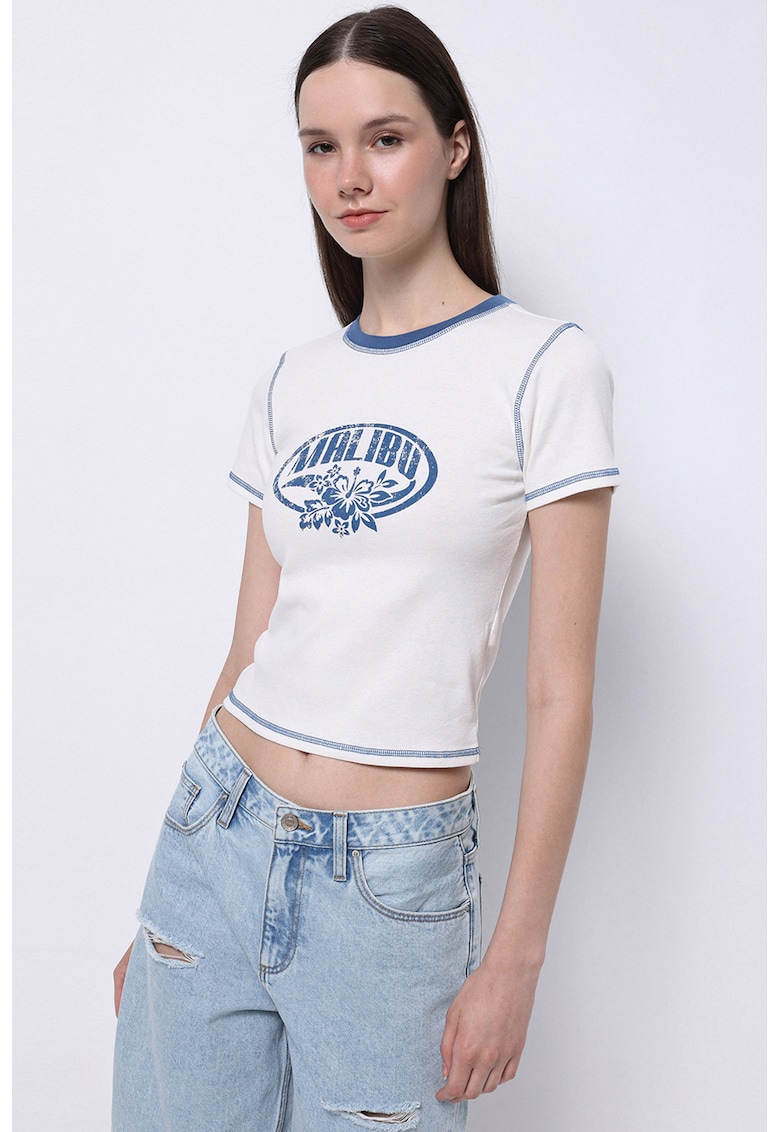 Tricou crop slim fit - Alb/Albastru inchis