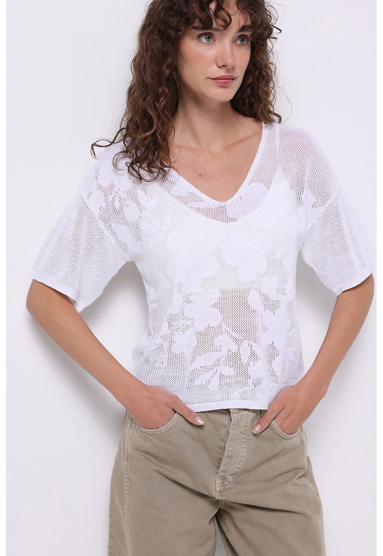 Tricou din amestec de bumbac si modal cu decolteu in V si aspect semitransparent