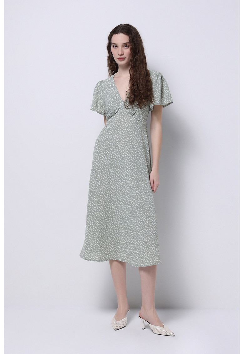 Rochie midi cu decolteu in V si maneci cu volane