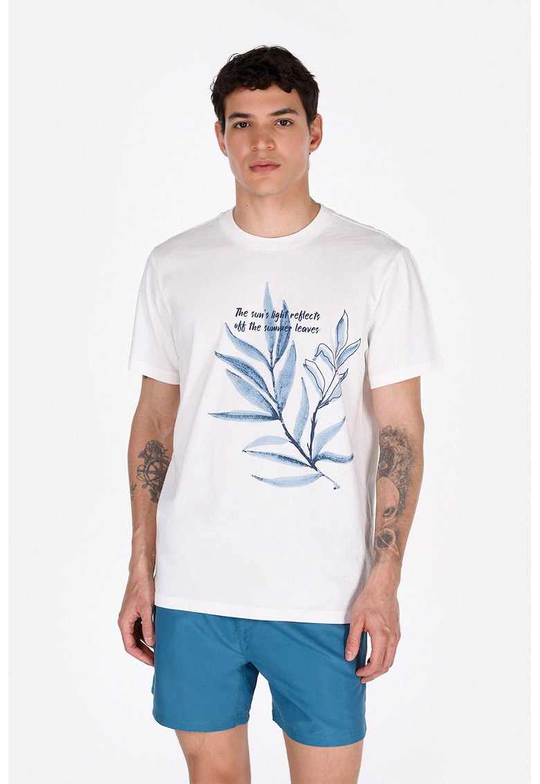 Tricou din bumbac cu model text si frunze