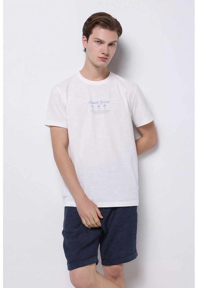 Tricou din bumbac cu decolteu la baza gatului - Alb/Albastru