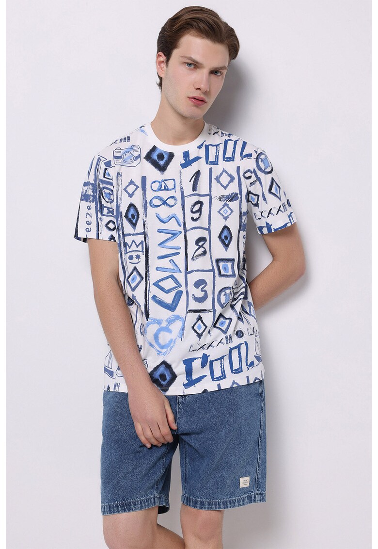 Tricou cu decolteu la baza gatului si imprimeu - Albastru inchis/Albastru royal/Alb optic