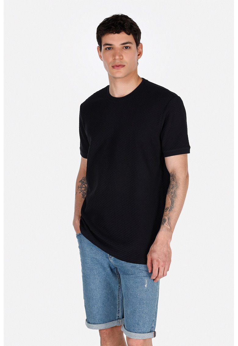 Tricou din bumbac cu decolteu la baza gatului - Negru