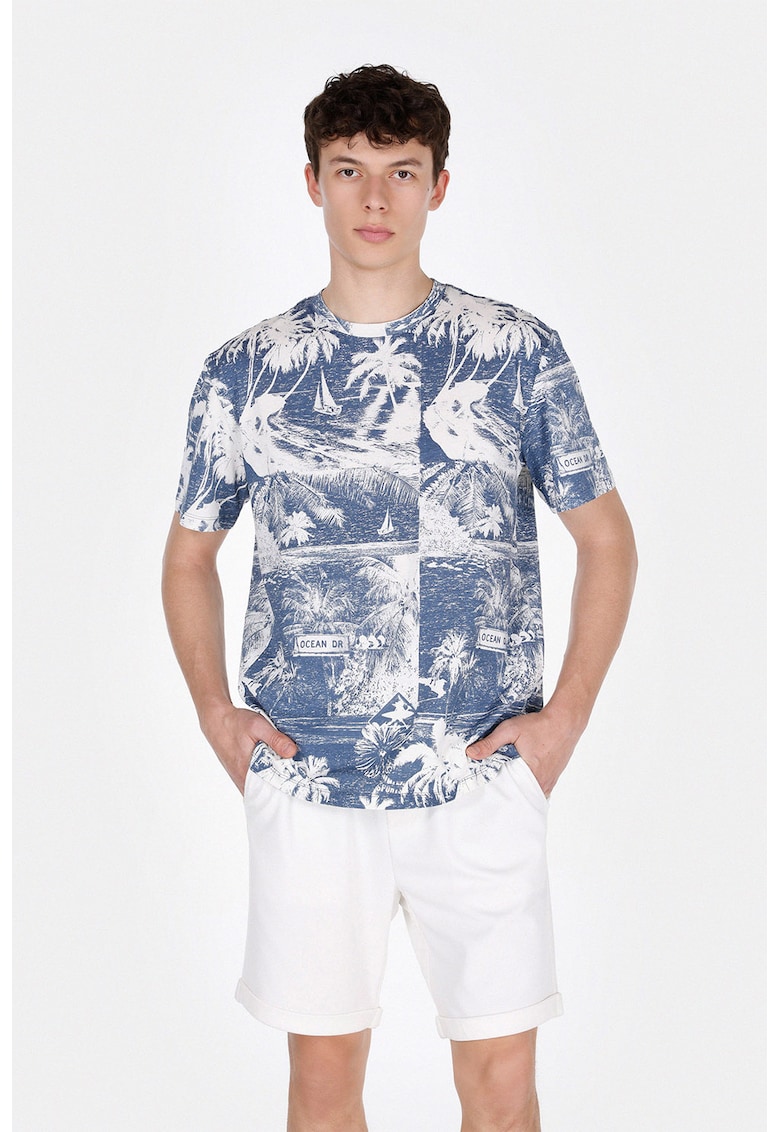 Tricou din bumbac cu imprimeu - Alb fildes/Albastru inchis