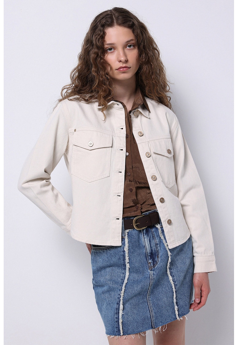 Jacheta-camasa din denim cu buzunare cu clapa pe piept - Bej deschis