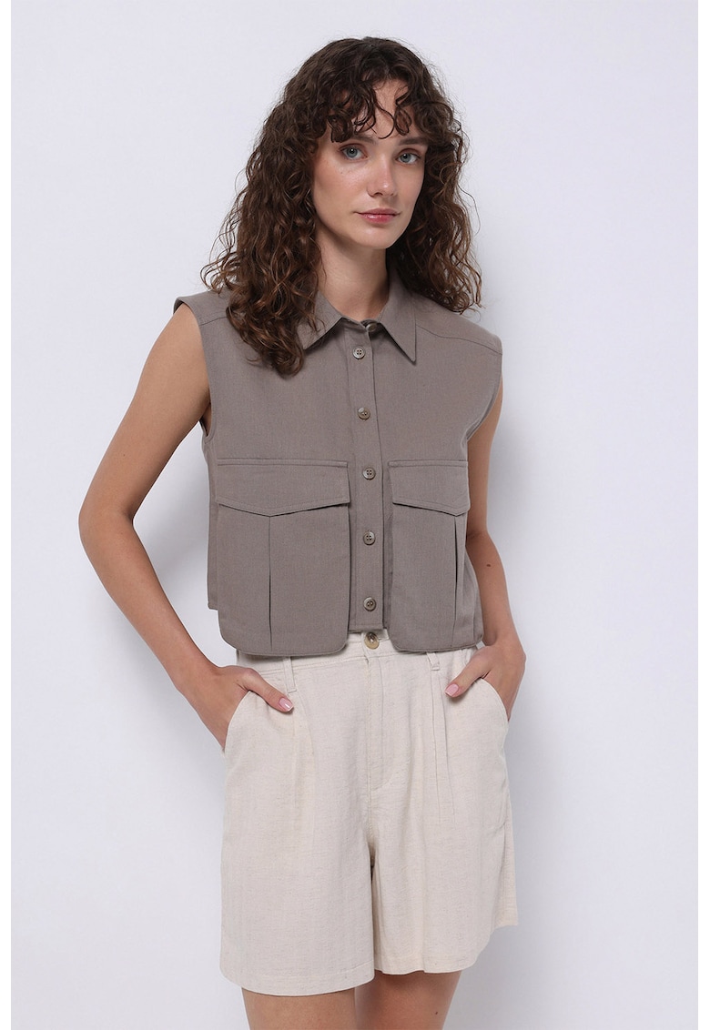 Camasa din amestec de in cu buzunare supradimensionate - fara maneci