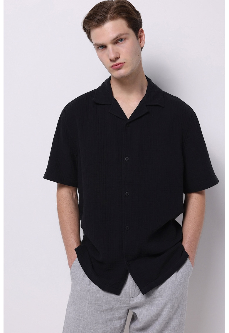 Camasa de bumbac cu maneci scurte - Negru