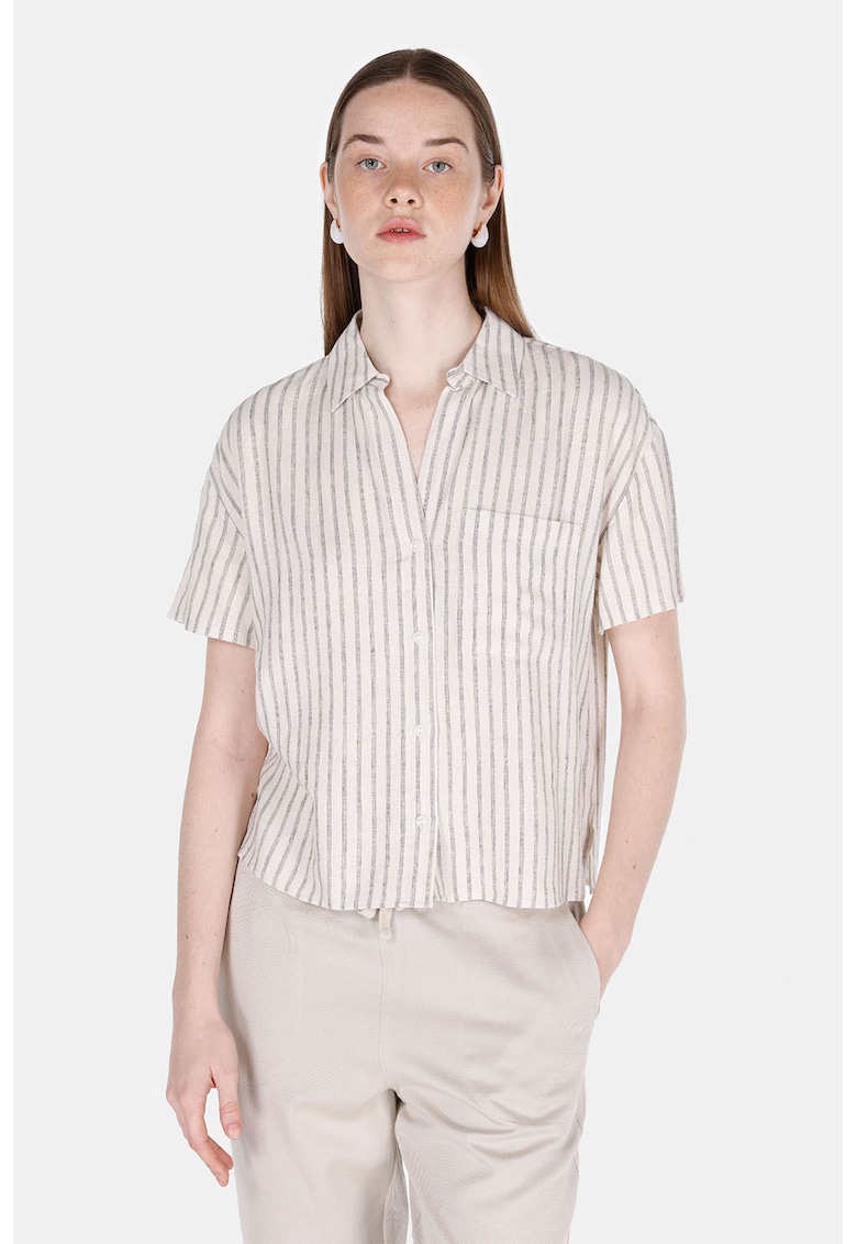 Camasa din amestec de in cu model in dungi si maneci scurte