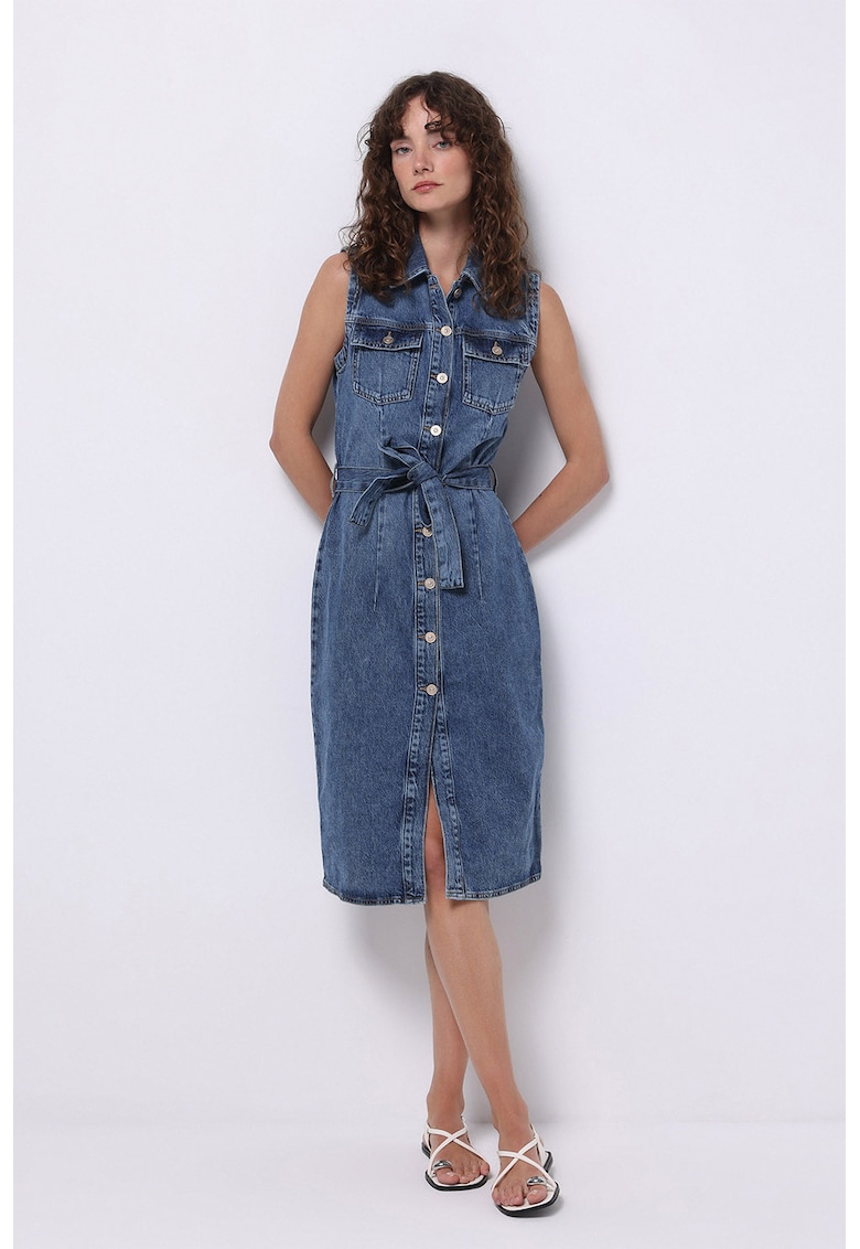 Rochie-camasa din denim cu cordon in talie