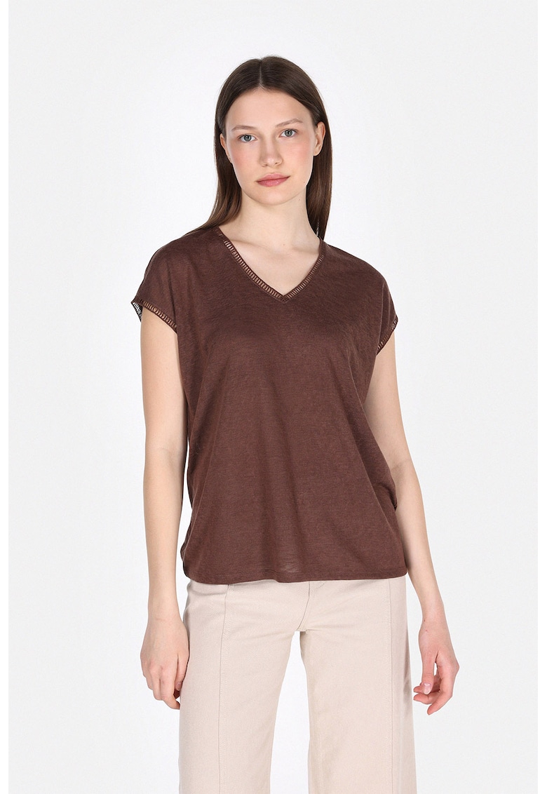 Tricou lejer cu decolteu in V - Maro cognac