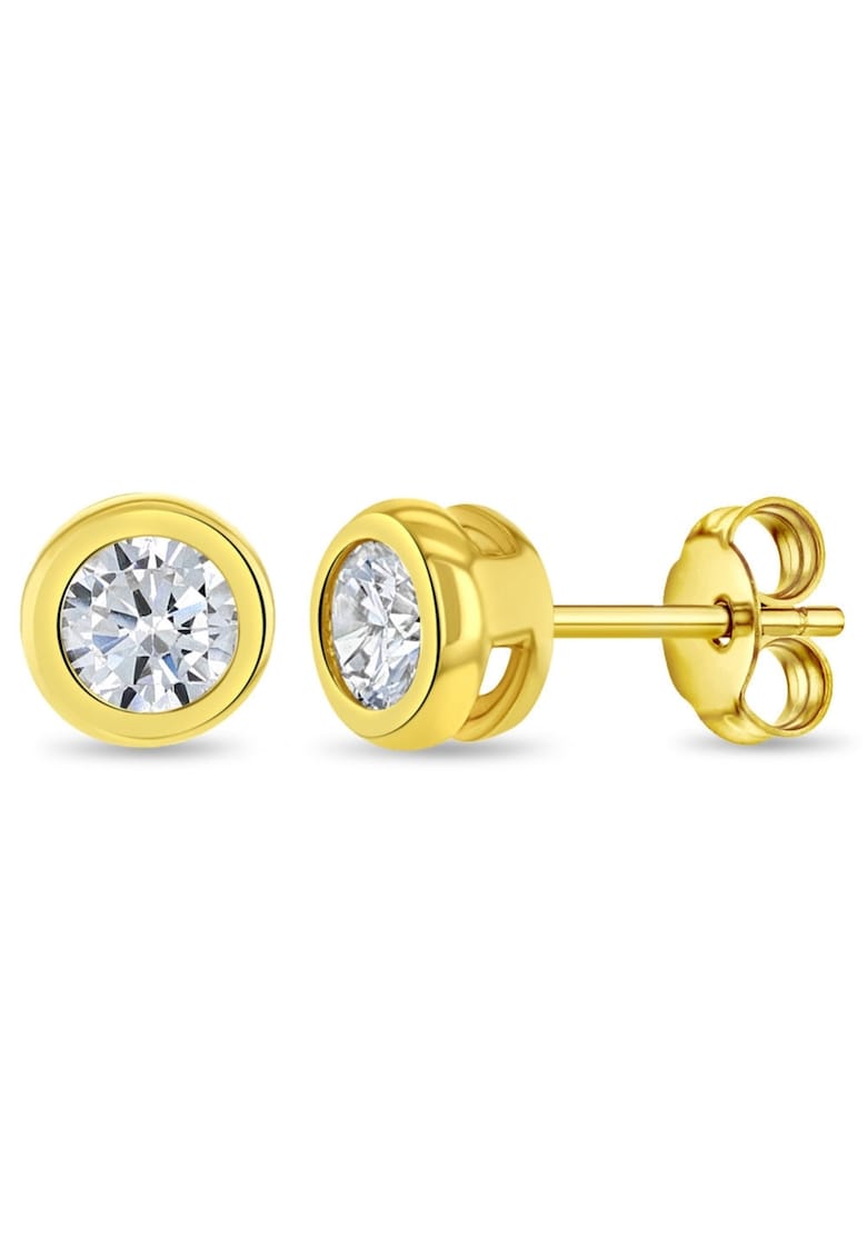 Cercei din Aur 14K pentru Copii si Adolescenti - model Sparkling Bezel cu Piatra CZ - inchidere cu Fluturas