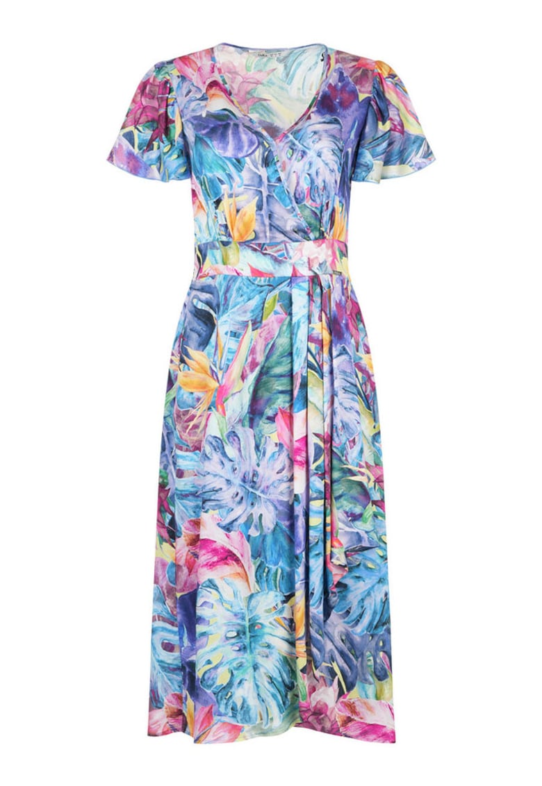 Rochie cu decolteu cache-coeur si imprimeu tropical