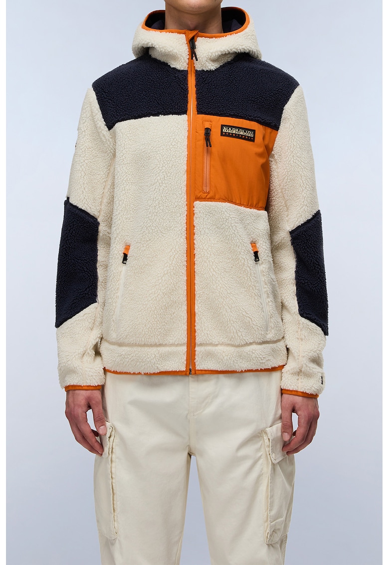 Jacheta din material teddy cu fermoar si model colorblock yupik - Albastru ultramarin/Bej deschis