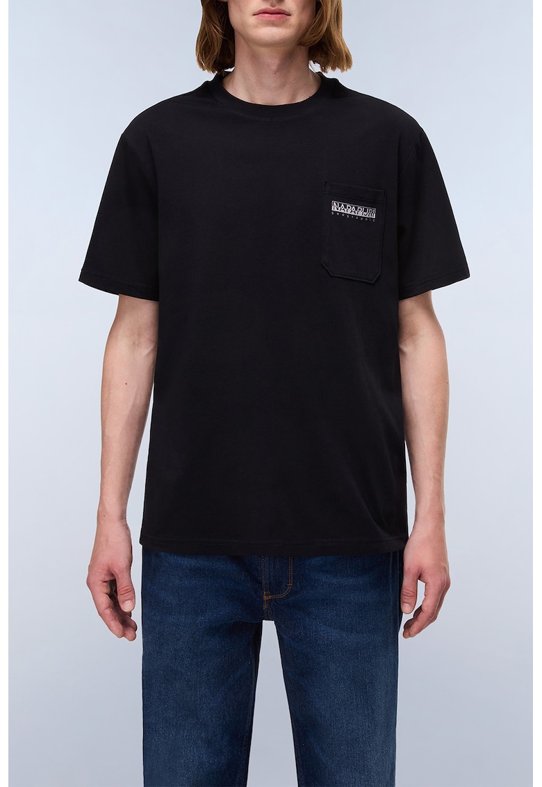 Tricou cu buzunar pe piept si decolteu la baza gatului - Negru/Maro taupe deschis