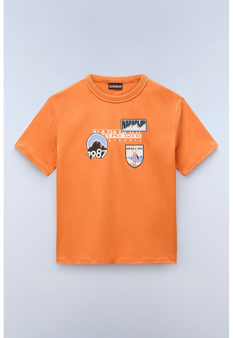 Tricou cu imprimeu logo si decolteu la baza gatului - Portocaliu mandarina/Albastru pal