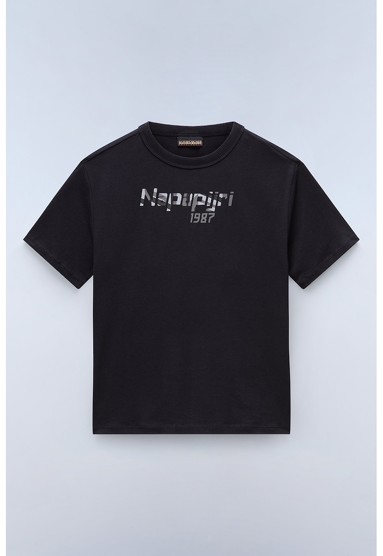 Tricou cu imprimeu logo si decolteu la baza gatului - Negru/Maro taupe