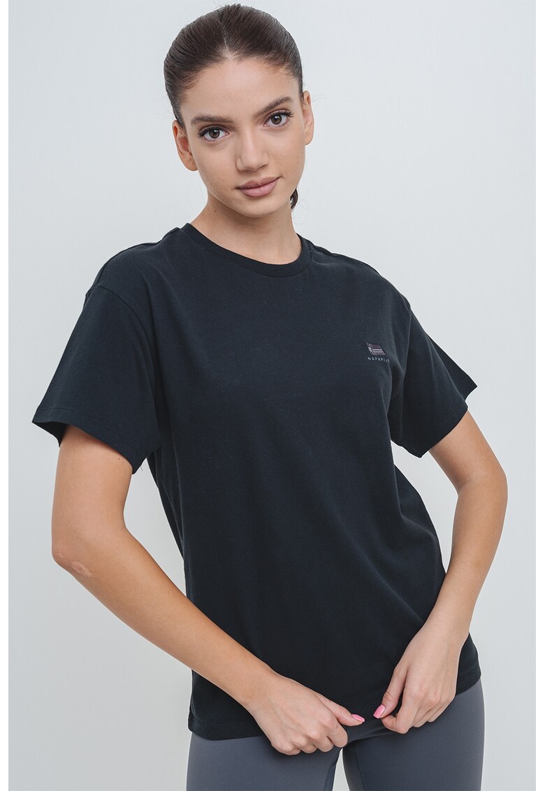 Tricou de bumbac cu decolteu la baza gatului Nina - Negru stins