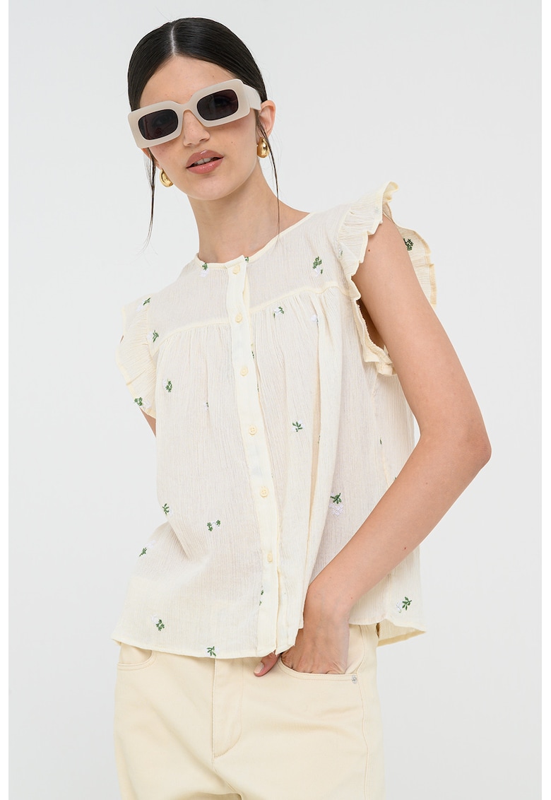 Camasa cu model floral si detalii din volane - fara maneci
