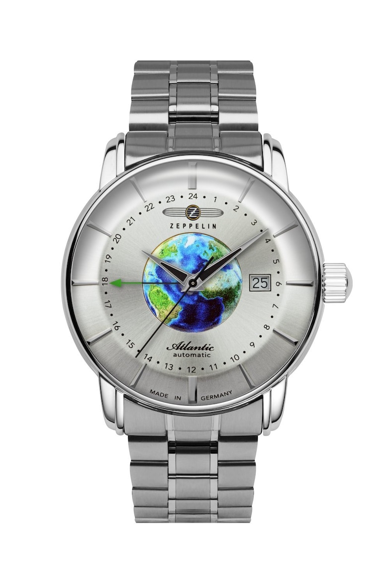 Ceas barbatesc Zeppelin Atlantic 8468MB1 - 42mm - bratara din otel - cadran argintiu cu glob - rezistenta apa 5 ATM