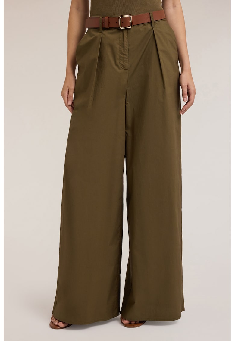 Pantaloni uni cu croiala ampla si curea - Maro inchis