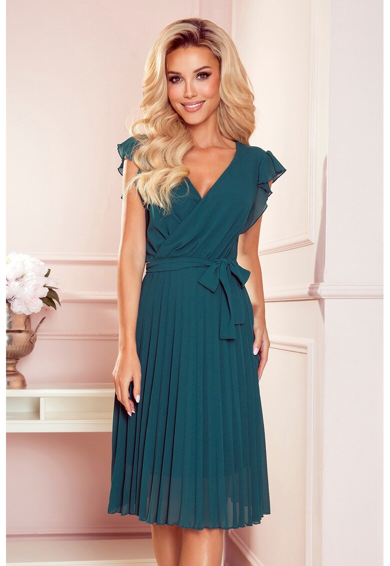 Rochie plisata cu volane pe umeri -