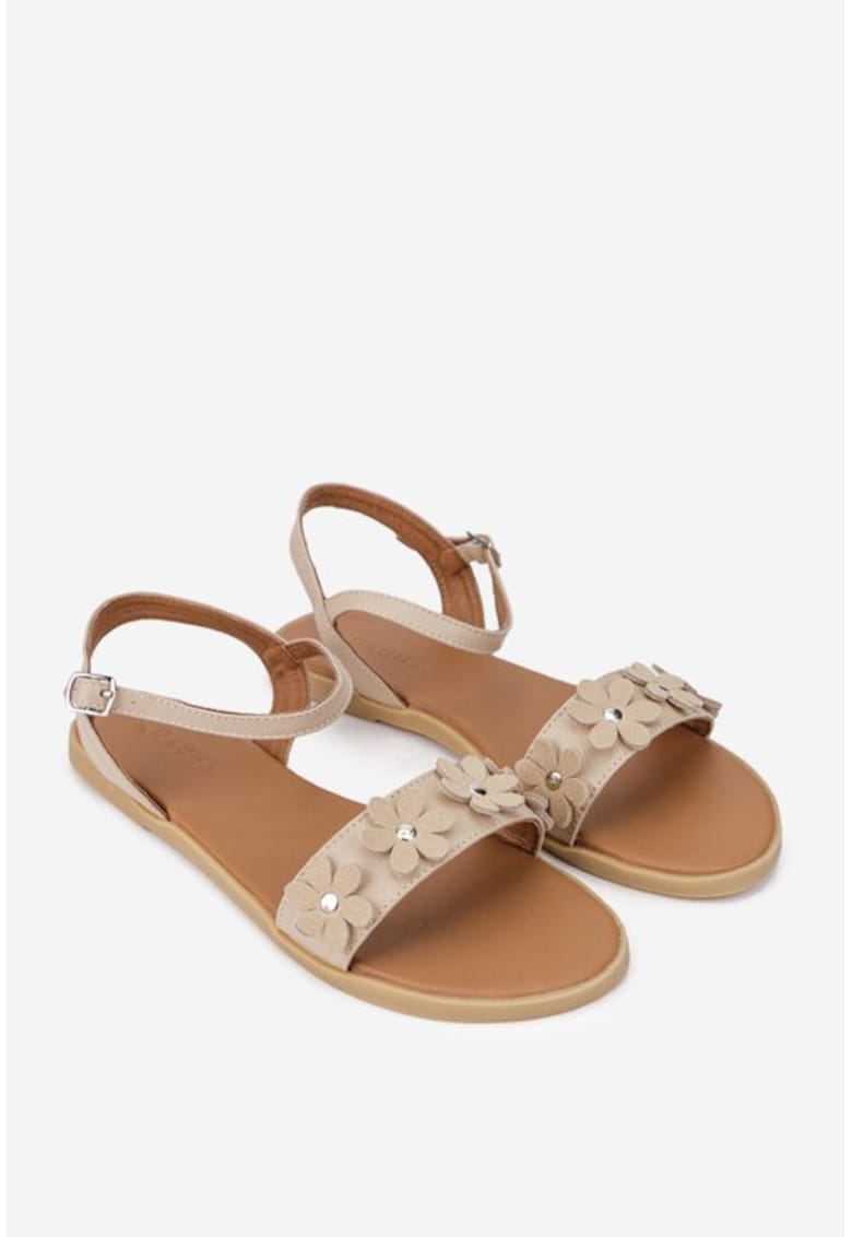 Sandale dama din piele naturala bej cu ornament flori