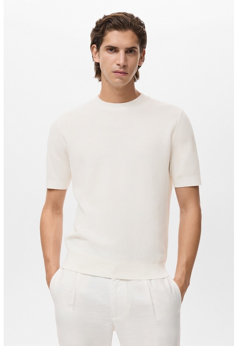 Tricou de bumbac cu decolteu la baza gatului - Alb fildes