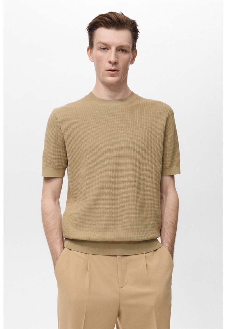 Tricou de bumbac cu decolteu la baza gatului - Maro deschis