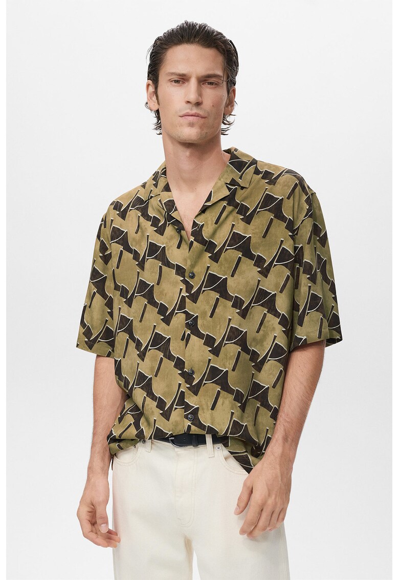 Camasa lejera cu model si maneci medii - Maro inchis/Kaki/Alb murdar