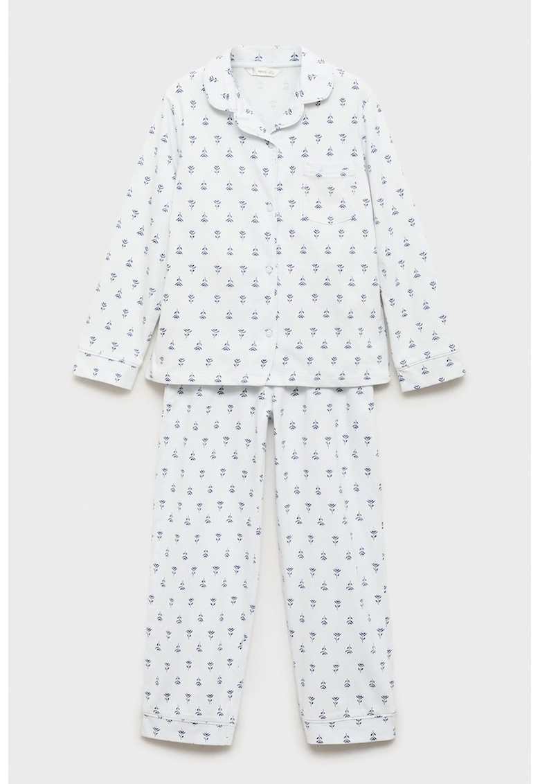 Pijama lunga cu model grafic - Alb/Albastru inchis