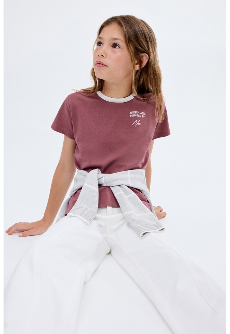 Tricou de bumbac cu text brodat - Alb/Rosu stins