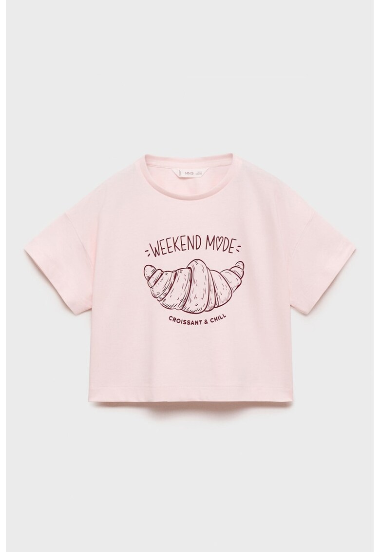 Tricou cu imprimeu si maneci cazute - Visiniu/Roz pastel