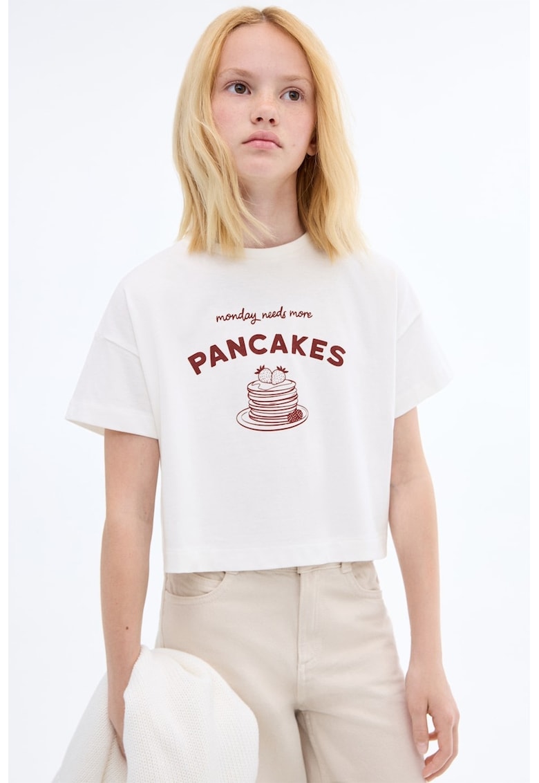 Tricou cu imprimeu si maneci cazute - Visiniu/Alb fildes