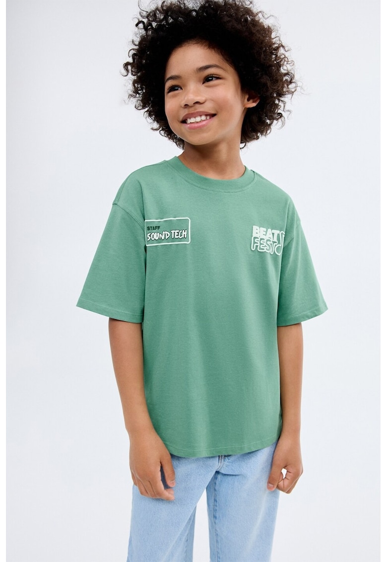 Tricou de bumbac cu imprimeu text - Alb/Verde deschis