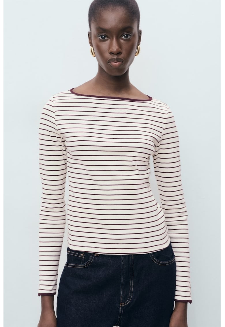 Pulover cu decolteu barcuta - Violet aubergine/Alb murdar