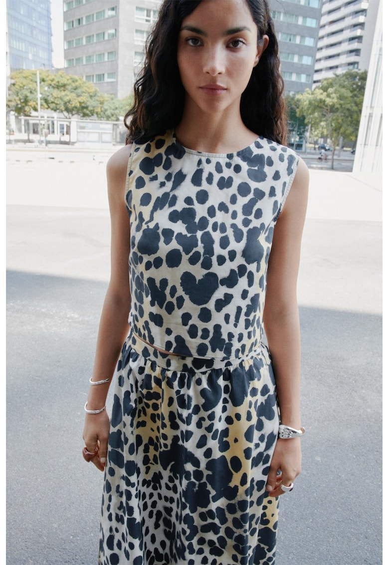 Top crop cu animal print - Negru - Portocaliu pal - Alb murdar -