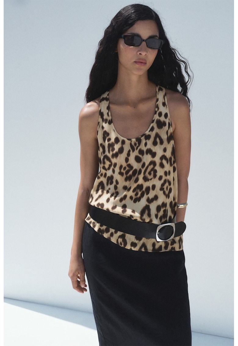 Top cu decolteu rotund si animal print - Negru/Galben pal