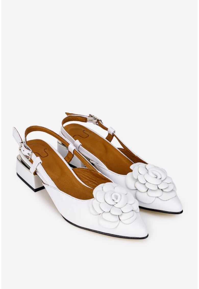 Pantofi dama albi din piele naturala cu ornament floare