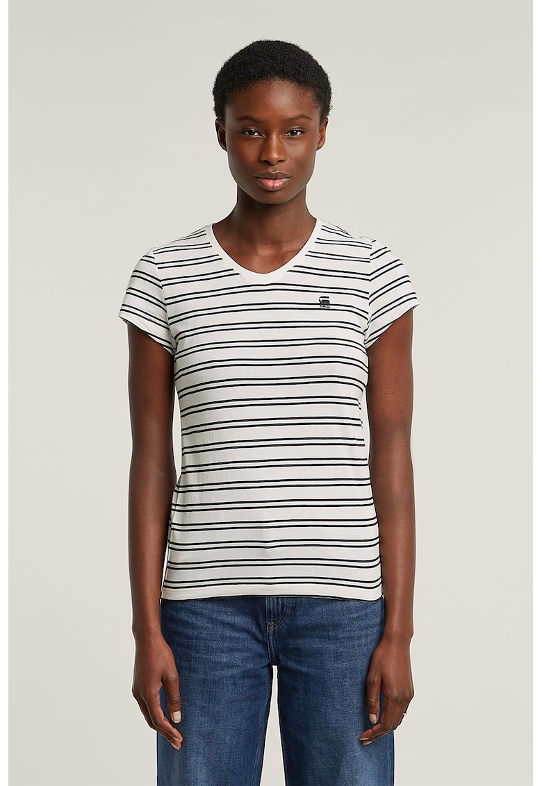 Tricou de bumbac organic cu decolteu in V Eyben - Alb/Negru stins/Alb murdar