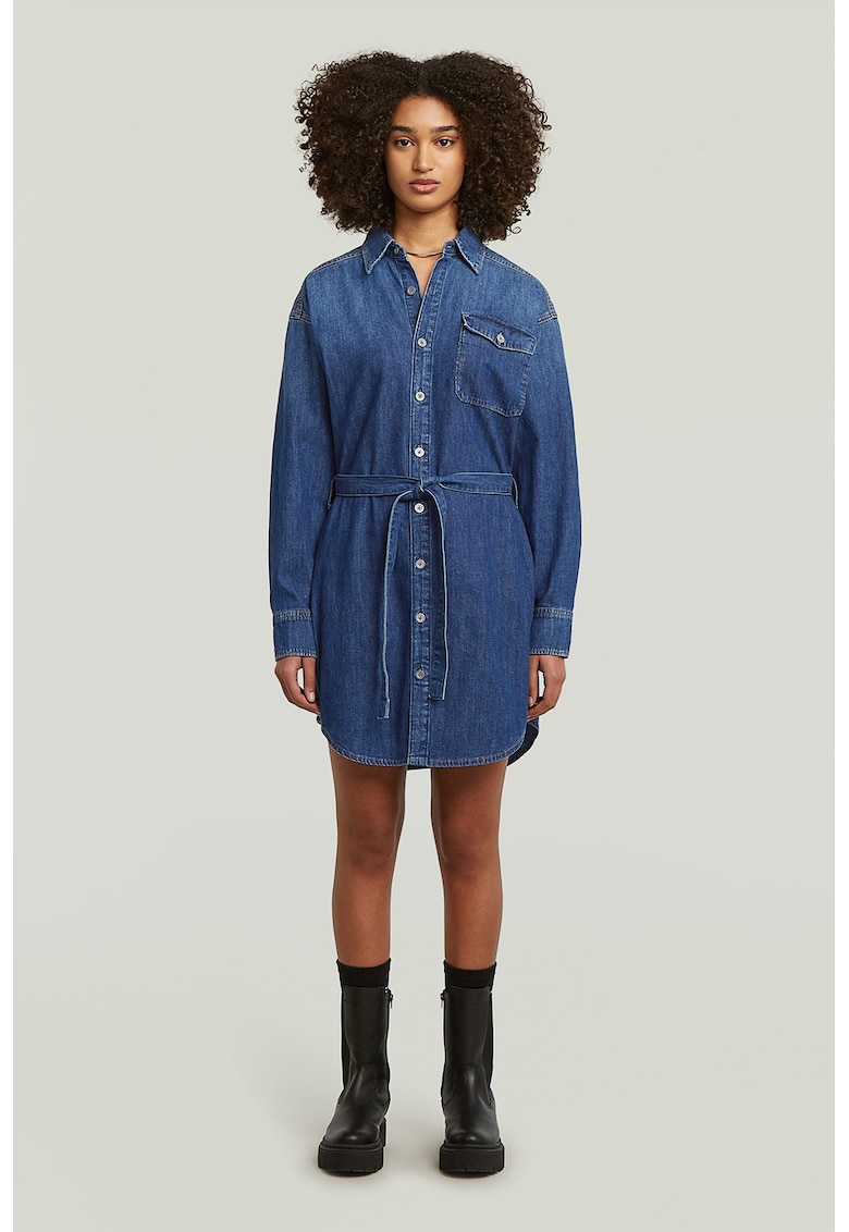 Rochie-camasa mini din denim cu cordon in talie
