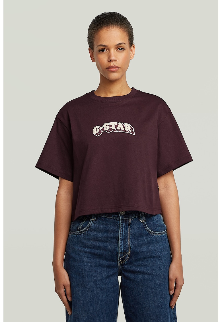 Tricou crop din bumbac organic cu logo - Visiniu/Alb optic