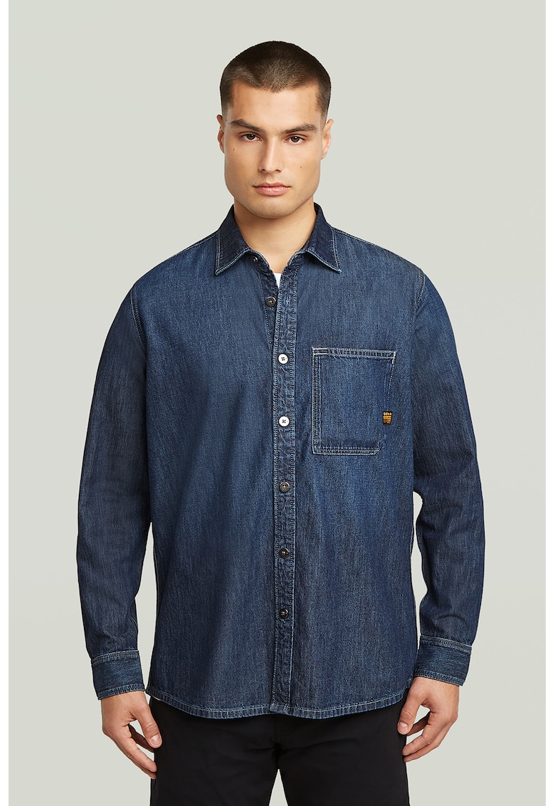 Camasa din denim cu buzunar pe piept - Bleumarin