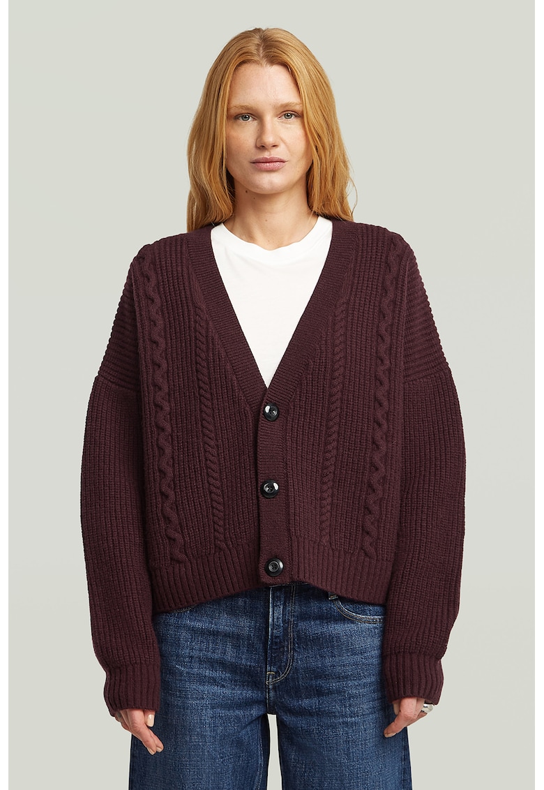 Cardigan din lana cu model torsade - Visiniu