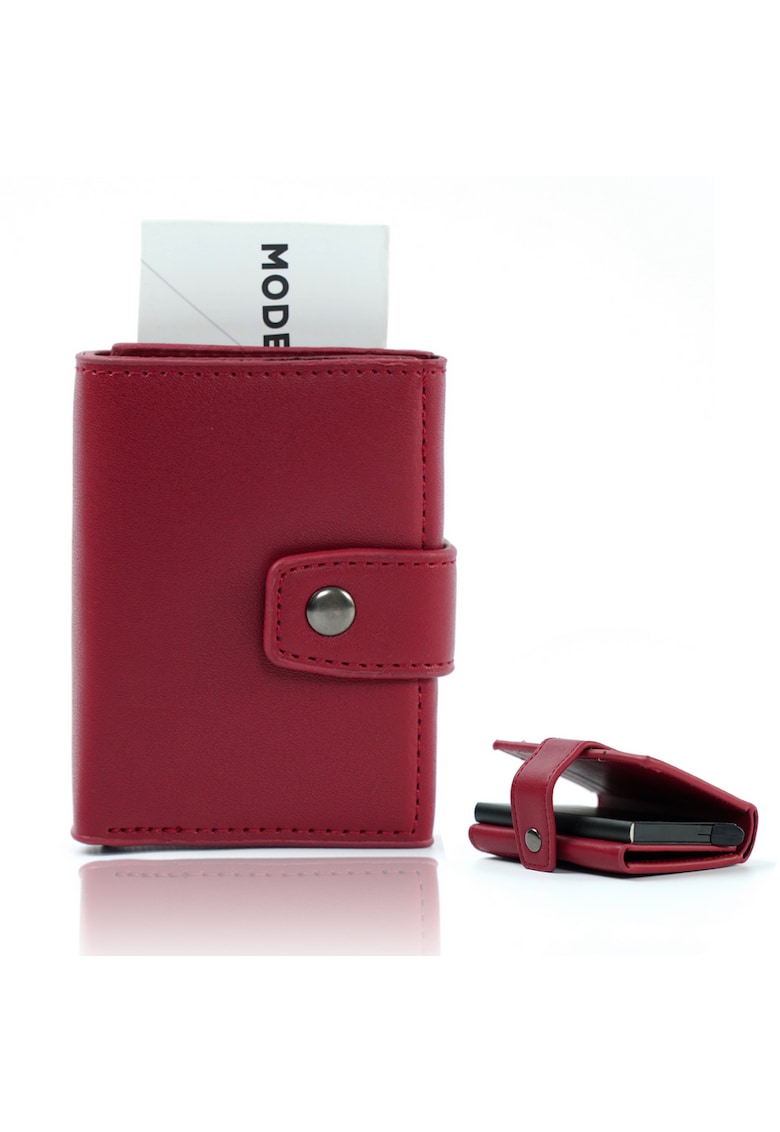 Portofel  SW38 - din piele - cu suport metalic pentru carduri si inchidere cu capsa - rosu - 7 - 5x9 - 5x2 - 5 cm
