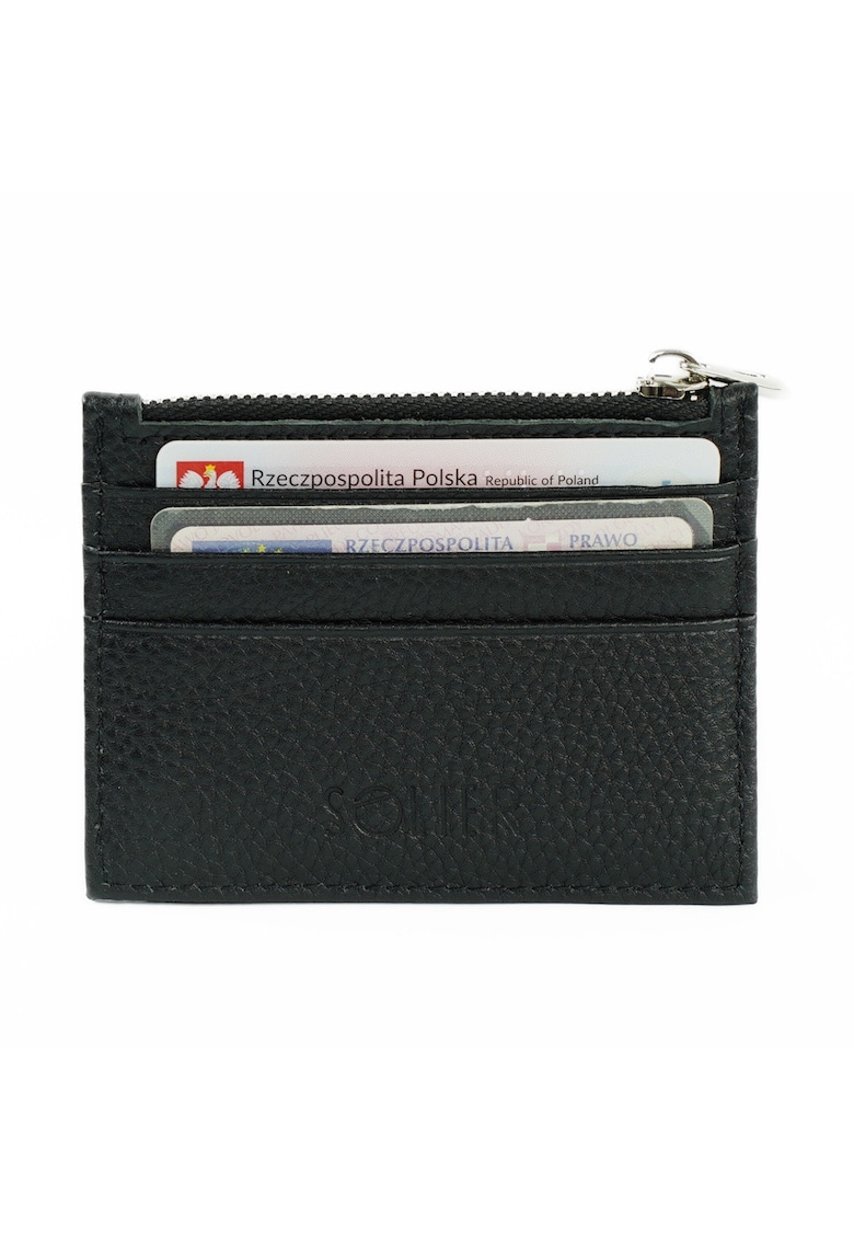 Etui slim din piele pentru carduri cu fermoar  SW42 Negru